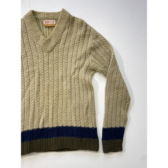 Vintage 60's Jantzen Wool Mens Sweater / XL / Mod Chunky Pullover Striped Beige - Picture 8 of 9